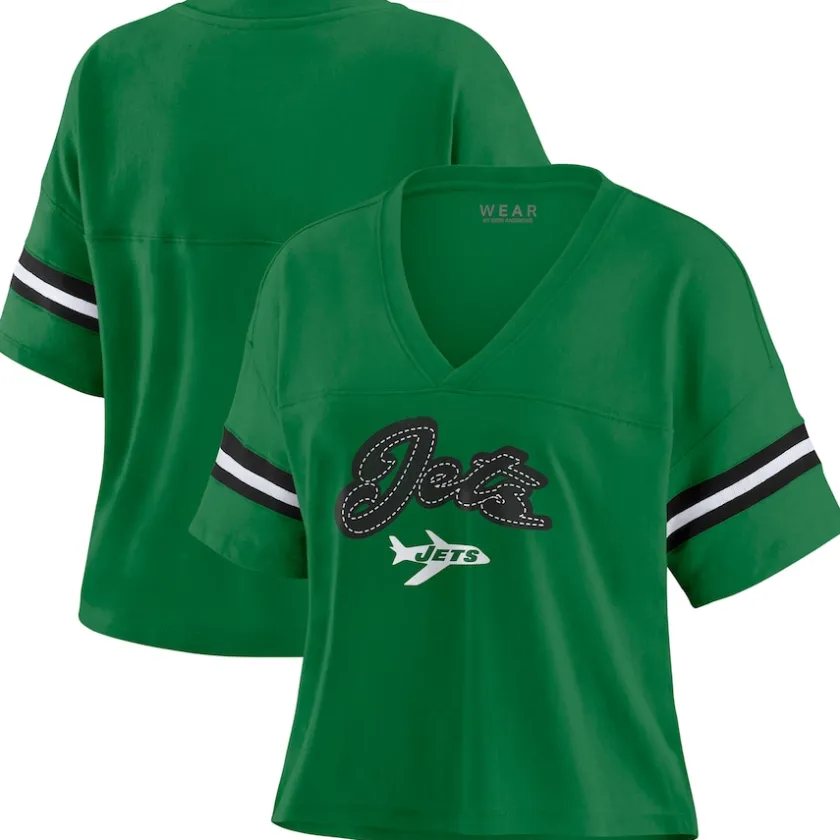 T-Shirts|Women^New York Jets Women's WEAR By Erin Andrews Kelly Green Color Block Boxy V-Neck T-Shirt