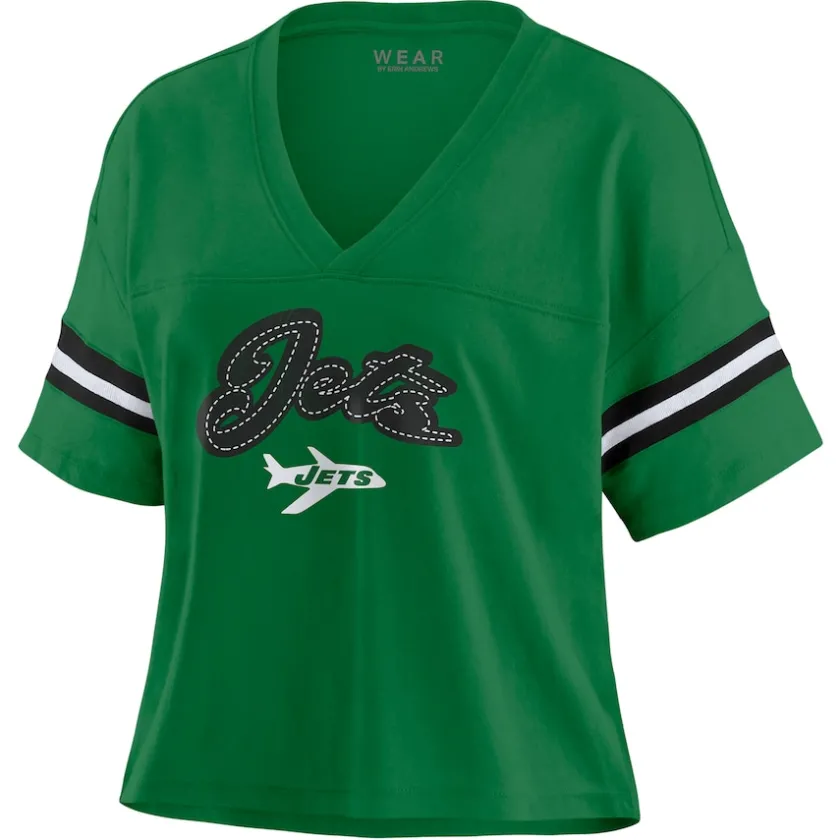 T-Shirts|Women^New York Jets Women's WEAR By Erin Andrews Kelly Green Color Block Boxy V-Neck T-Shirt