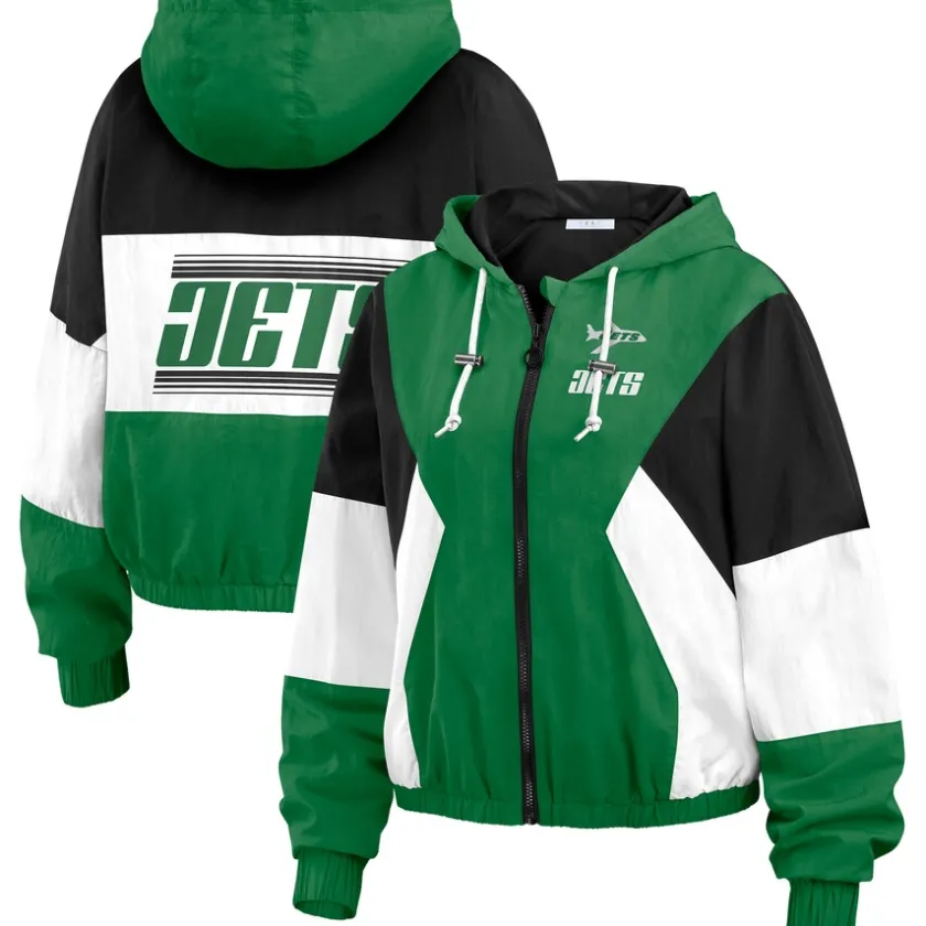 Jackets^New York Jets Women's WEAR By Erin Andrews Kelly Green/Black Color Block Full-Zip Windbreaker Jacket