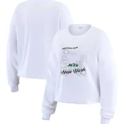 Long Sleeved^New York Jets Women's WEAR By Erin Andrews White Postcard Cropped Long Sleeve Top
