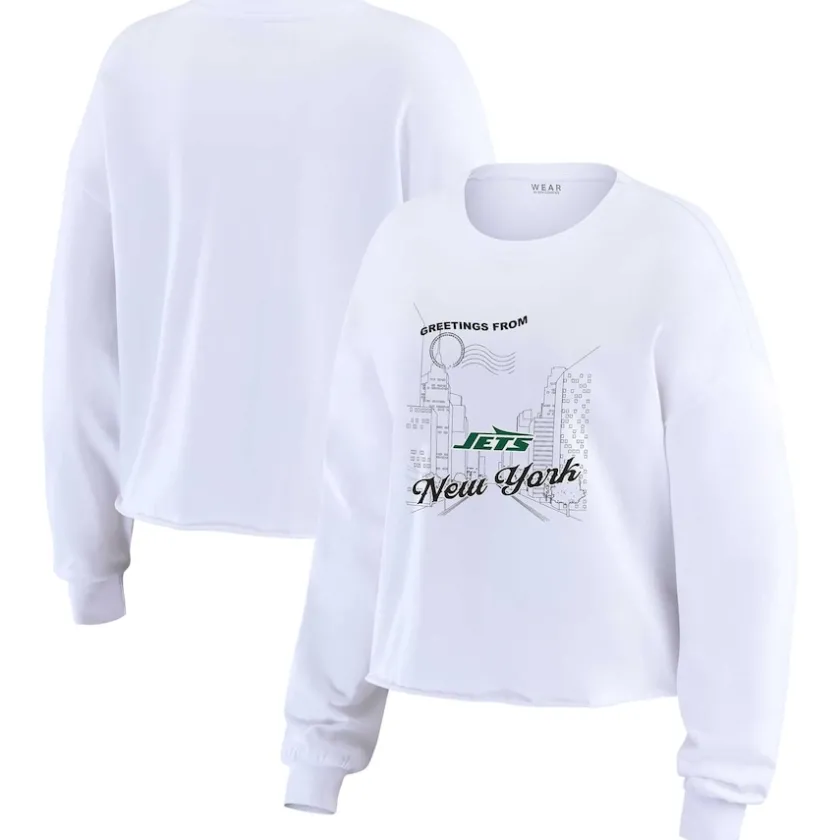 Long Sleeved^New York Jets Women's WEAR By Erin Andrews White Postcard Cropped Long Sleeve Top