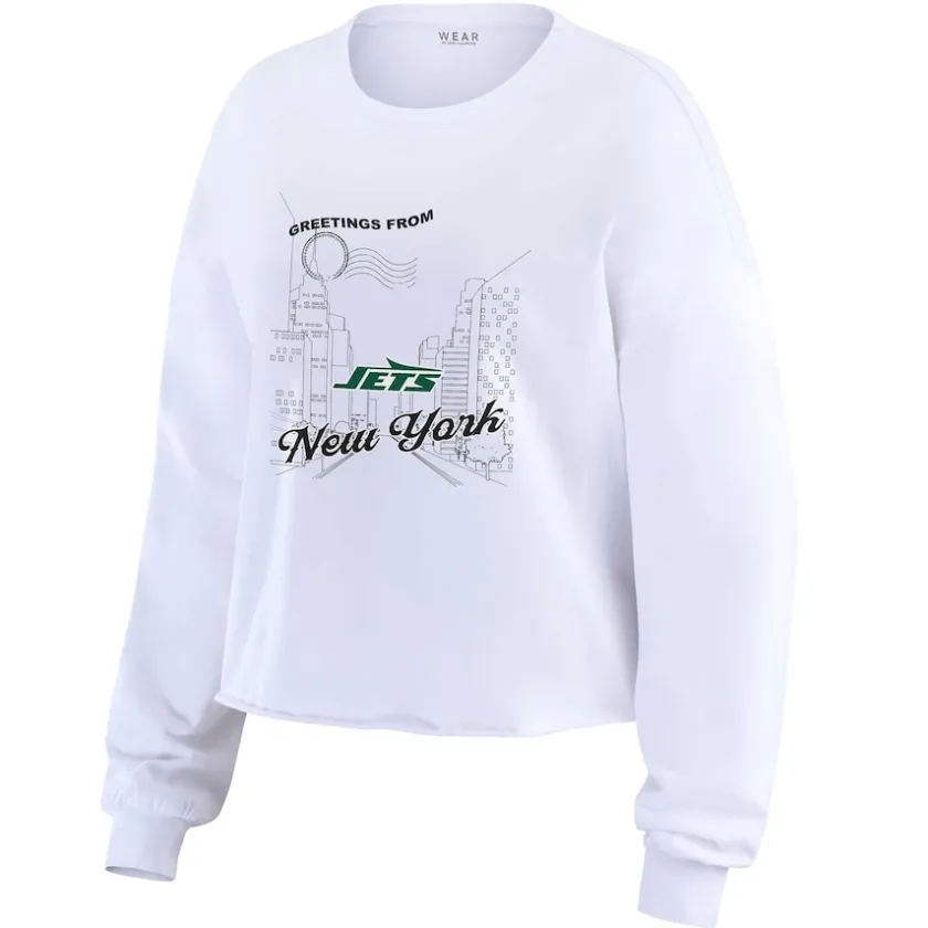 Long Sleeved^New York Jets Women's WEAR By Erin Andrews White Postcard Cropped Long Sleeve Top