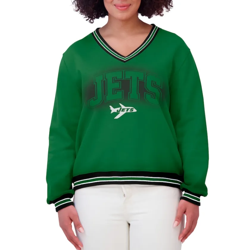 Sweatshirts & Fleece|Women^New York Jets Women's WEAR By Erin Andrews Green Oversized Long Sleeve V-Neck Sweatshirt