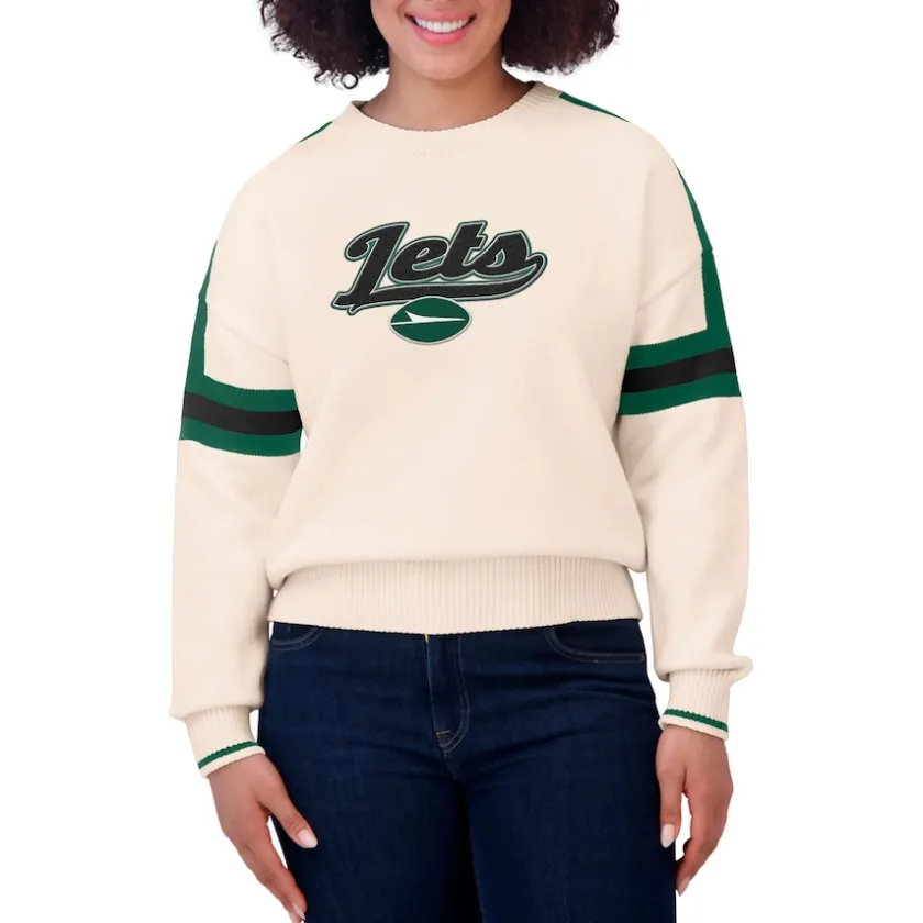 Sweaters & Dress Shirts|Sweaters^New York Jets Women's WEAR By Erin Andrews Cream Stripe Pullover Sweater