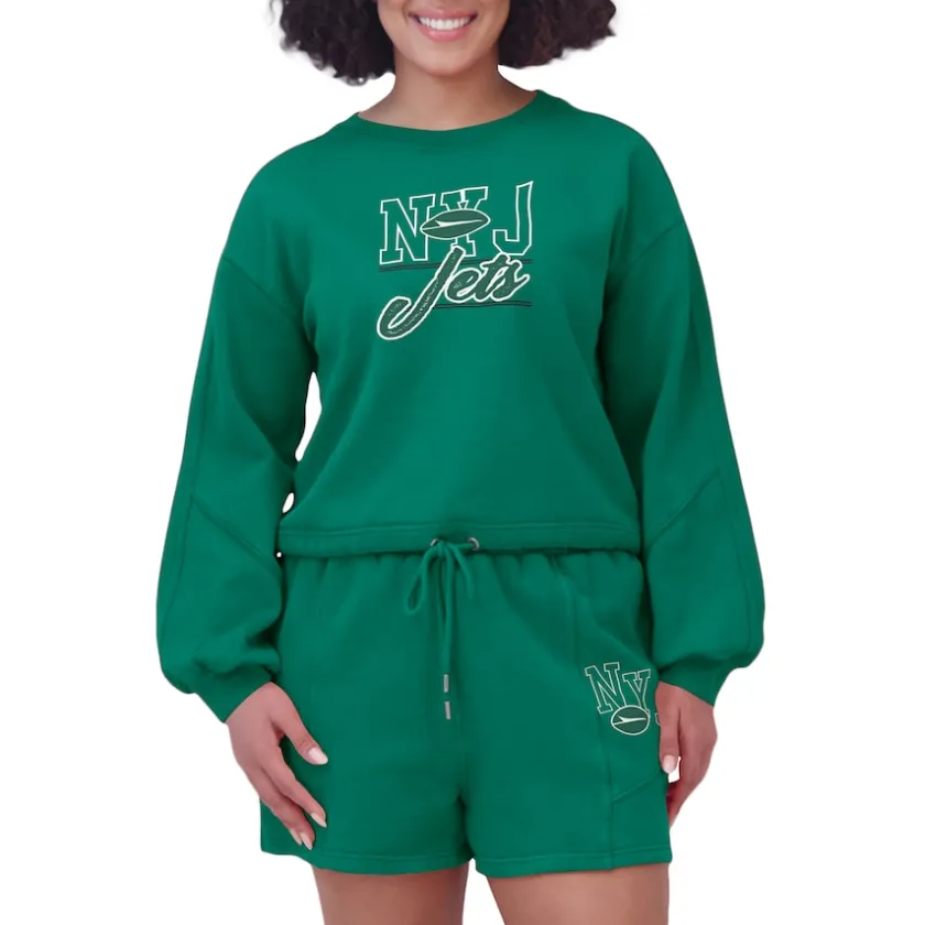 Underwear & Sleepwear^New York Jets Women's WEAR By Erin Andrews Green Washed Fleece Long Sleeve T-Shirt & Shorts Lounge Set