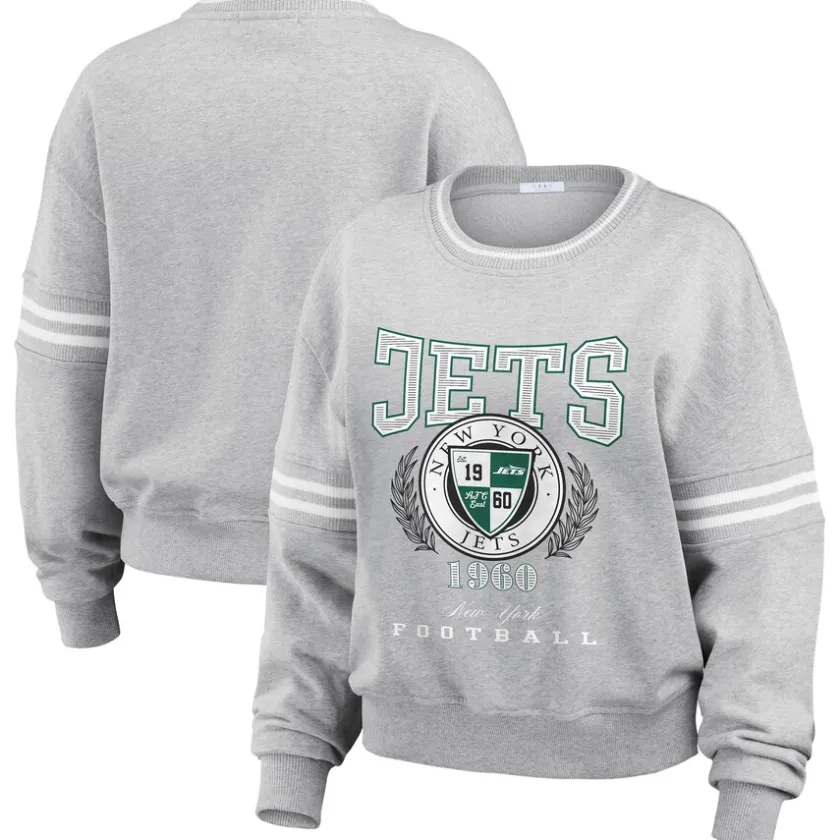 Sweatshirts & Fleece|Women^New York Jets Women's WEAR By Erin Andrews Heather Gray Crest Cropped Pullover Sweatshirt