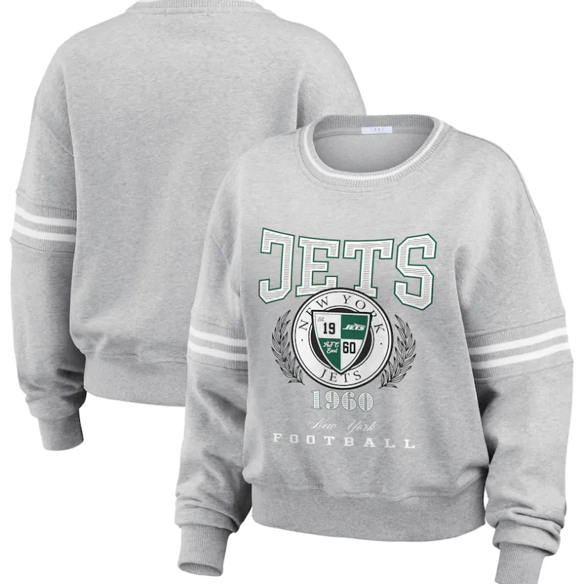 Sweatshirts & Fleece|Women^New York Jets Women's WEAR By Erin Andrews Heather Gray Crest Cropped Pullover Sweatshirt