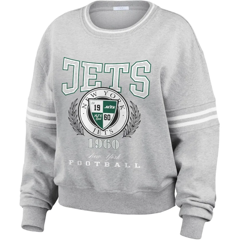 Sweatshirts & Fleece|Women^New York Jets Women's WEAR By Erin Andrews Heather Gray Crest Cropped Pullover Sweatshirt