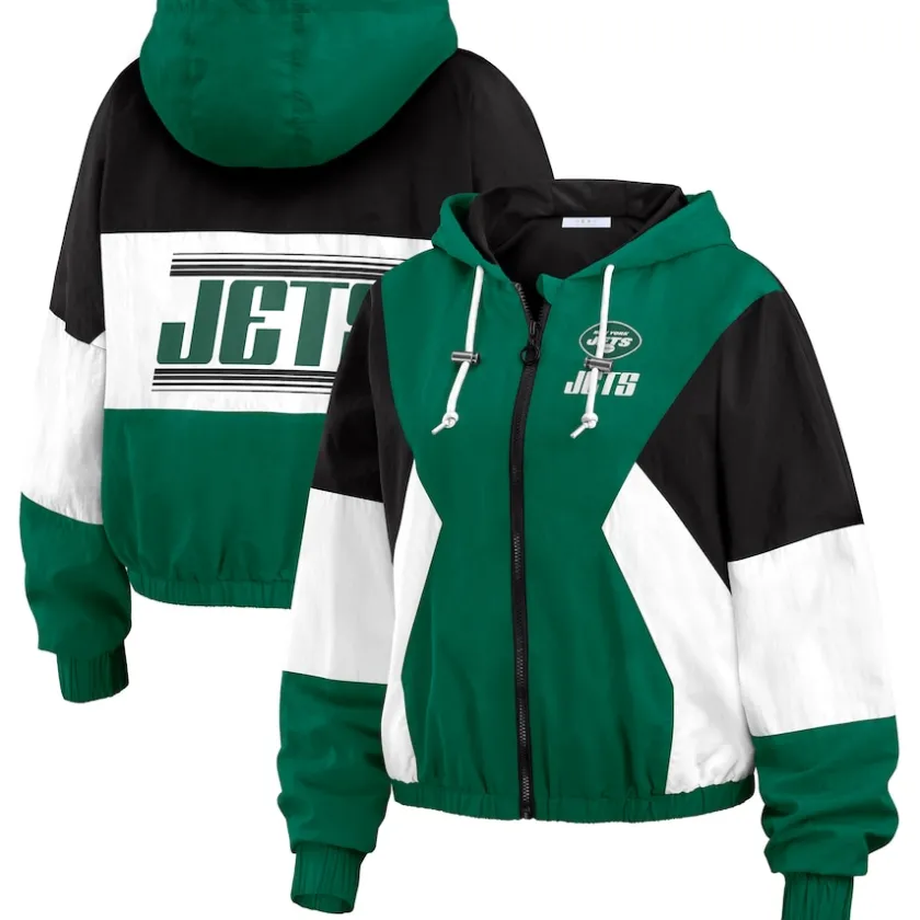 Jackets^New York Jets Women's WEAR By Erin Andrews Green/Black Plus Size Color Block Full-Zip Windbreaker Jacket