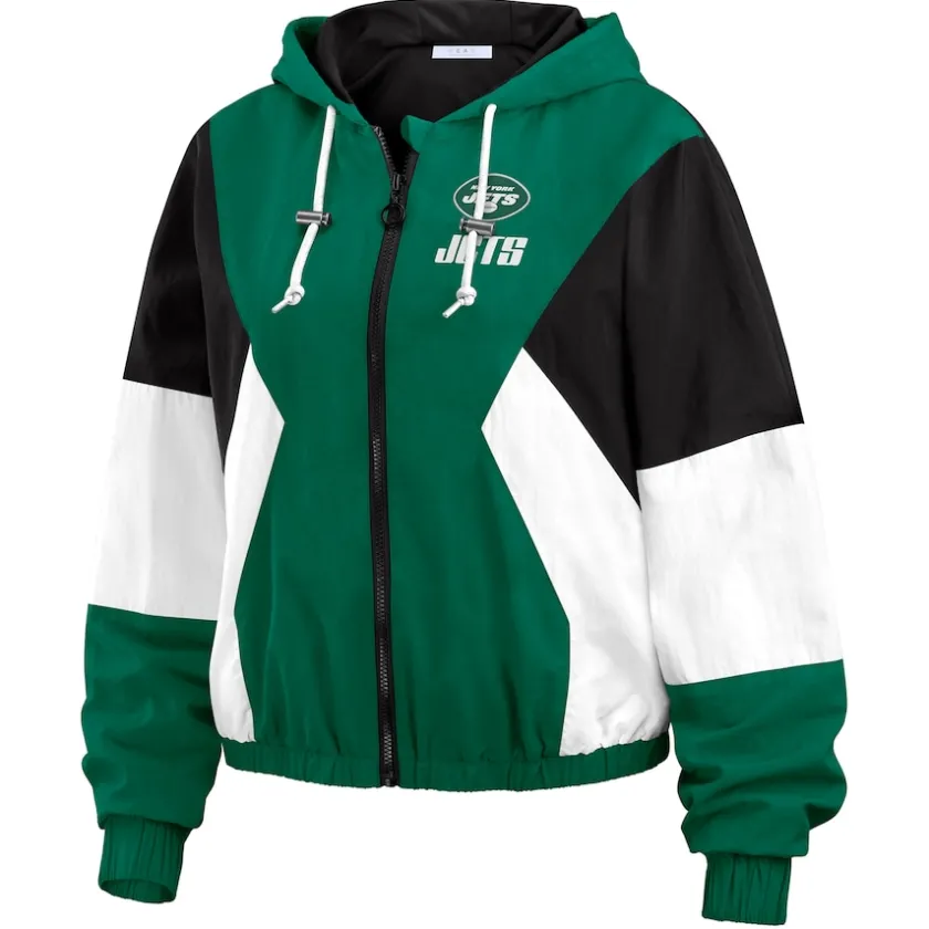 Jackets^New York Jets Women's WEAR By Erin Andrews Green/Black Plus Size Color Block Full-Zip Windbreaker Jacket