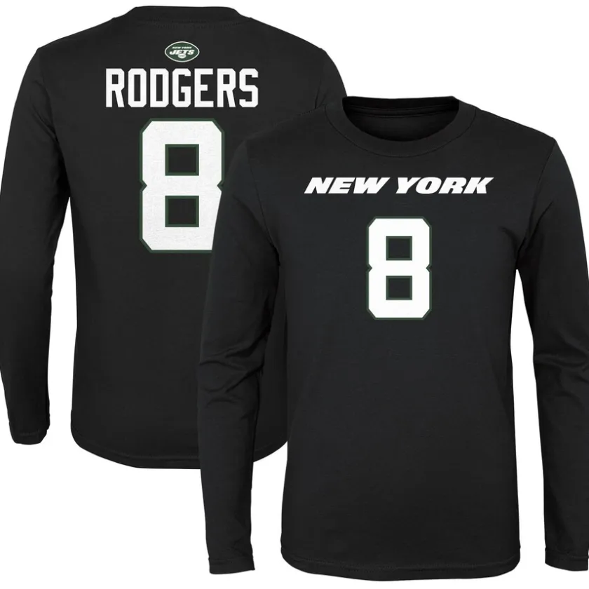 T-Shirts|Kids^New York Jets Youth Aaron Rodgers Black Mainliner Player Name & Number Long Sleeve T-Shirt