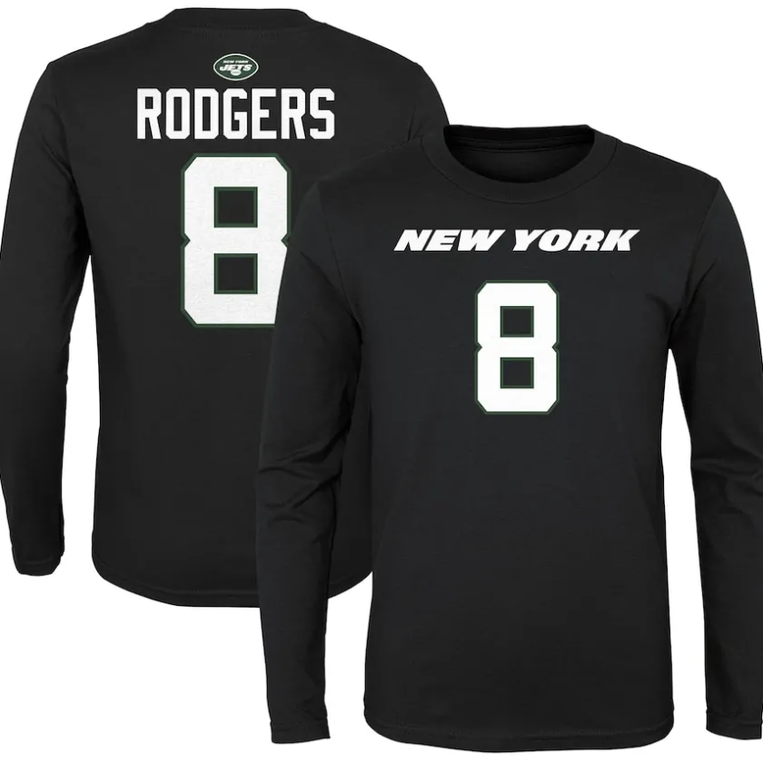 T-Shirts|Kids^New York Jets Youth Aaron Rodgers Black Mainliner Player Name & Number Long Sleeve T-Shirt