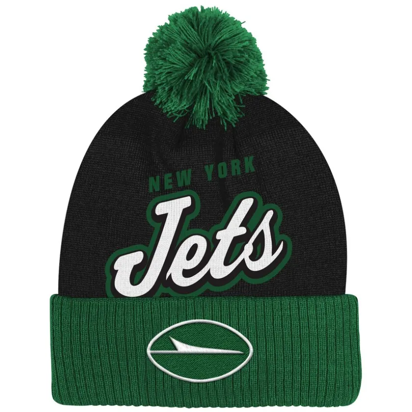 Hats|Kids^New York Jets Youth Black Pro-Sport Jacquard Cuffed Knit Hat With Pom