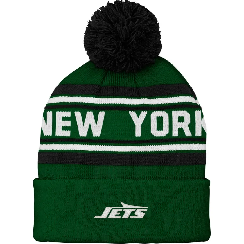 Hats|Kids^New York Jets Youth Green Jacquard Cuffed Knit Hat With Pom