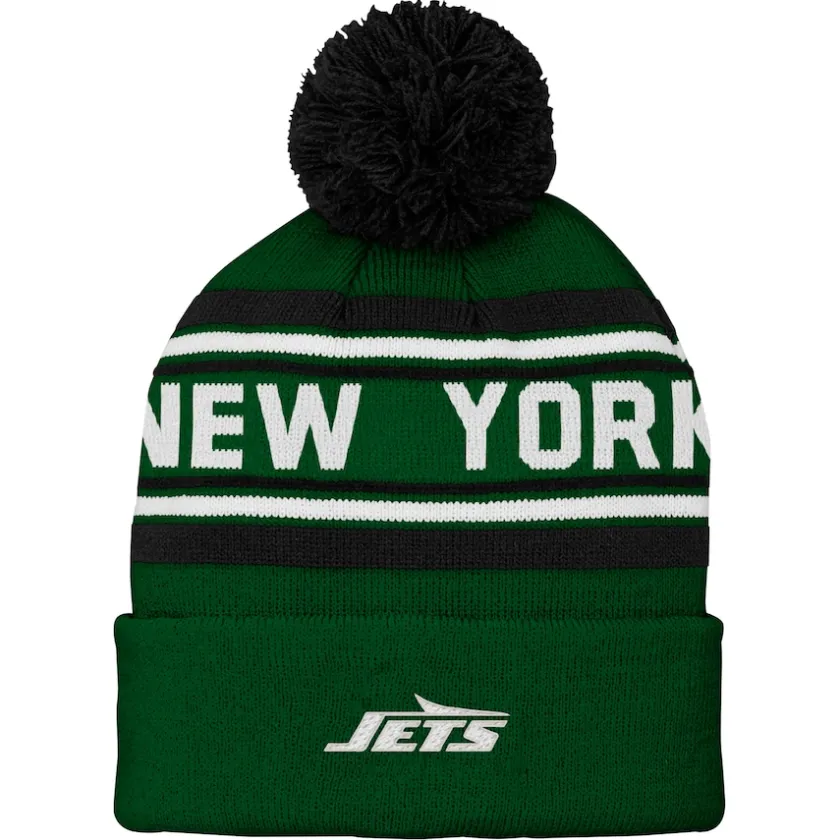 Hats|Kids^New York Jets Youth Green Jacquard Cuffed Knit Hat With Pom