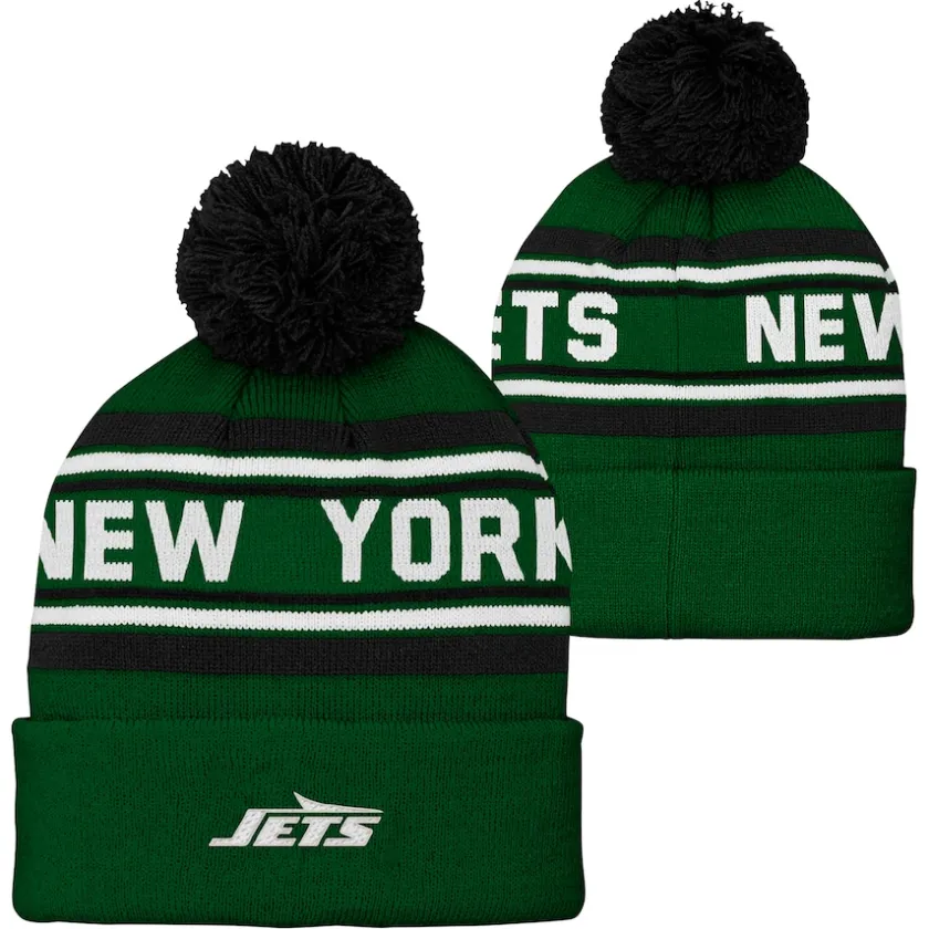 Hats|Kids^New York Jets Youth Green Jacquard Cuffed Knit Hat With Pom