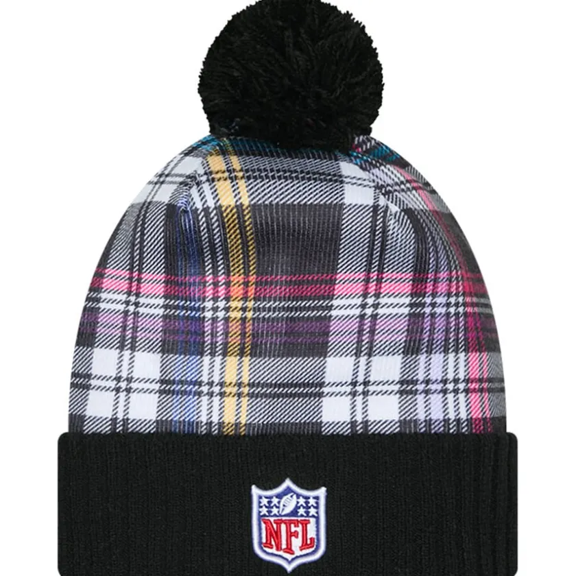 Hats|Kids^New York Jets Youth New Era Black 2024 NFL Crucial Catch Plaid Cuffed Pom Knit Hat