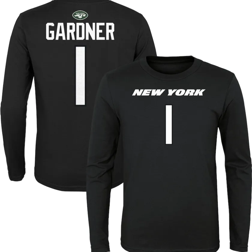 T-Shirts|Kids^New York Jets Youth Sauce Gardner Black Mainliner Player Name & Number Long Sleeve T-Shirt
