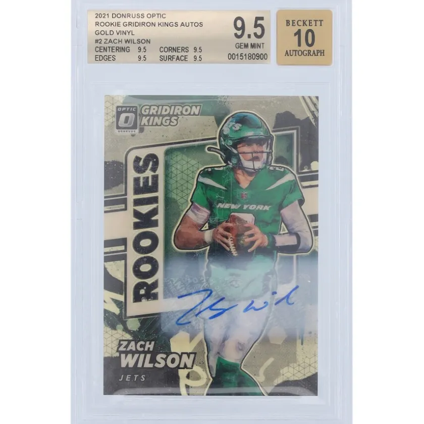 Trading Cards^New York Jets Zach Wilson Autographed 2021 Panini Donruss Optic Gold Vinyl Prizm #RGK-2 #1/1 BGS Authenticated 9.5/10 Rookie Card - 9.5,9.5,9.5,9.5 Subgrades