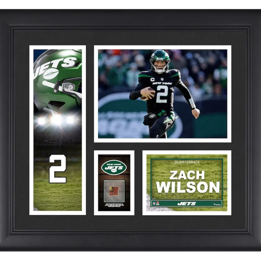 Wall Art|Photos^New York Jets Zach Wilson Framed 15" X 17" Player Collage With A Piece Of Game-Used Ball